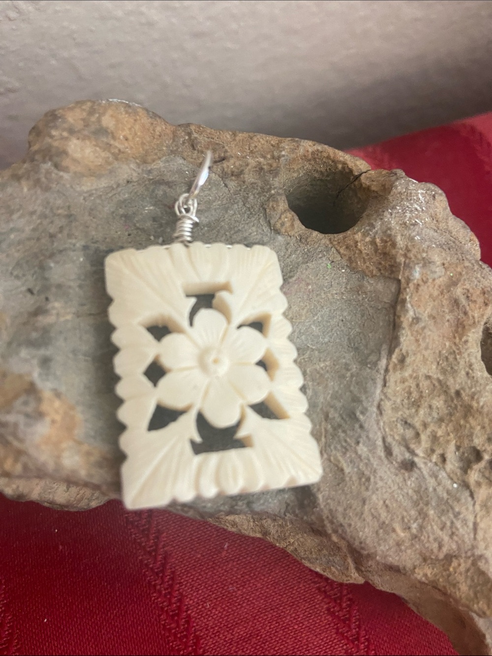 Handmade With Vintage 70s Hand-Carved Floral Bovine Bone Pendant